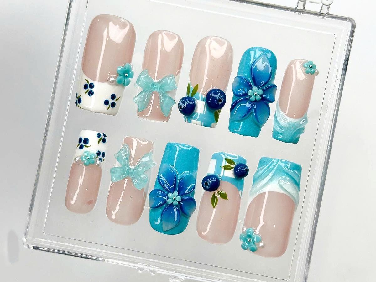 3D Blue Flower Press On Nails