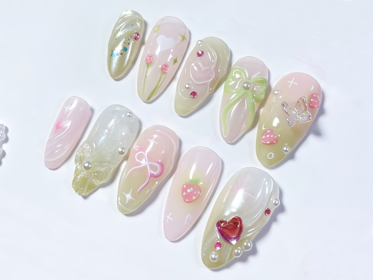 Pastel Jelly 3D Strawberry Heart Press On Nails