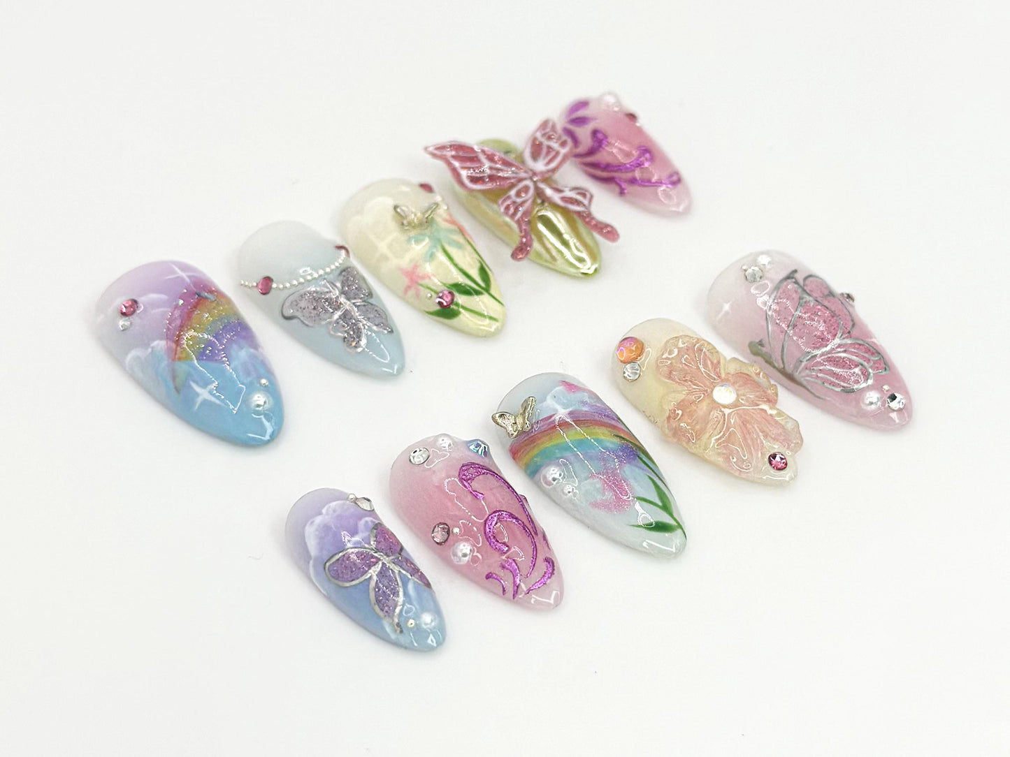 Whimsical 3D Butterfly Press-On Nails, Rainbow Set