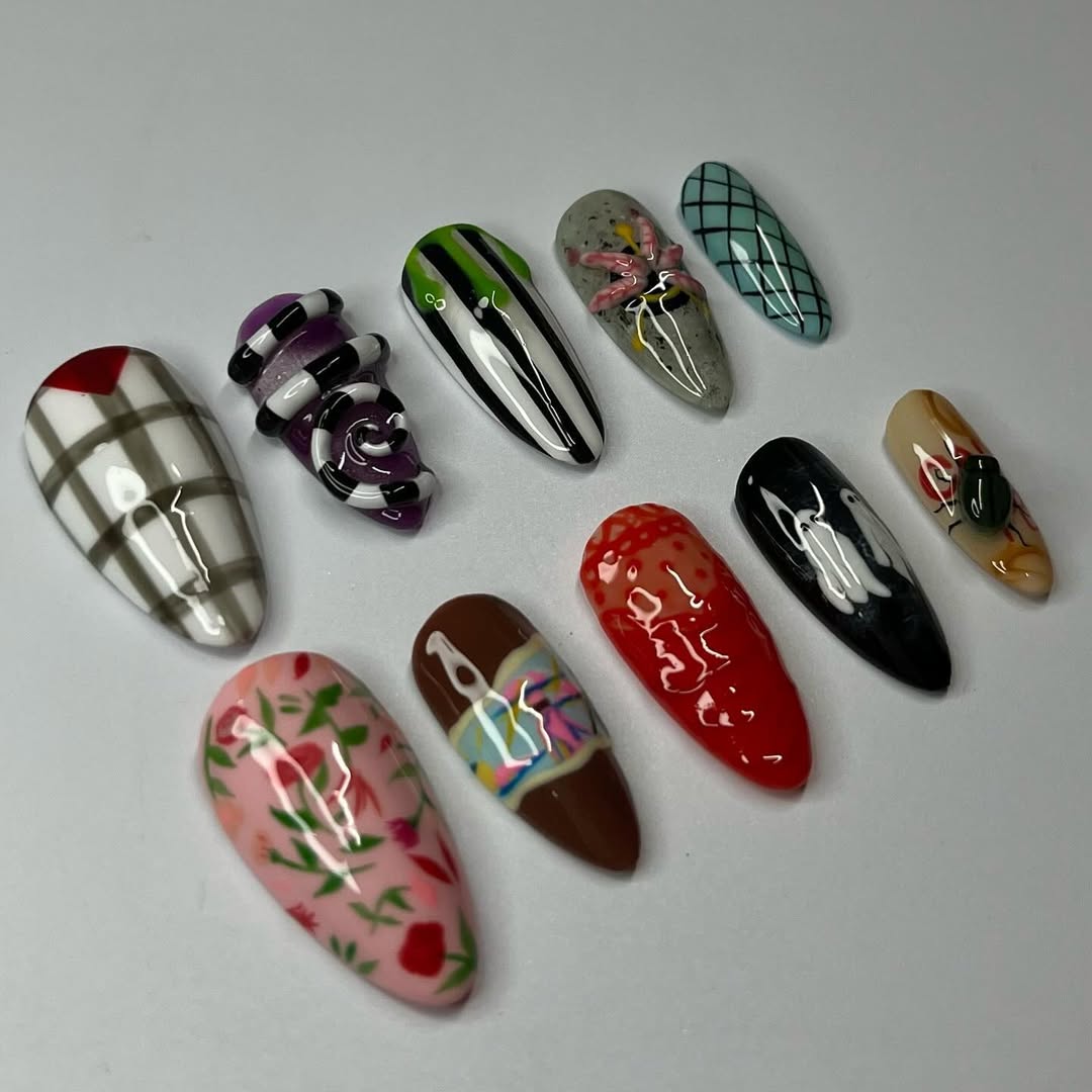 Beetlejuice Inspired Press-On Nails with Ghosts, Stripes, and Retro Designs