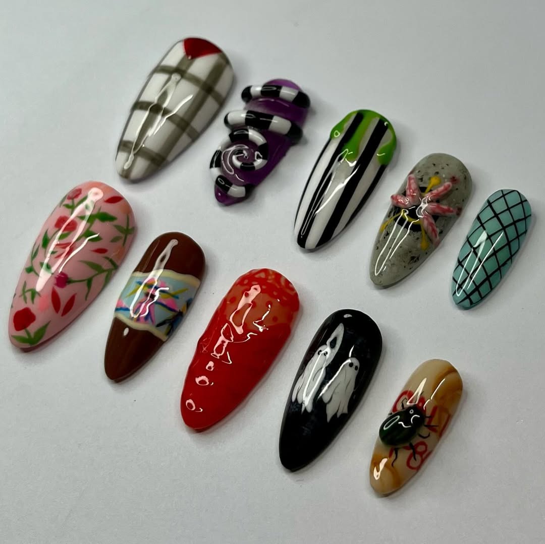 Beetlejuice Inspired Press-On Nails with Ghosts, Stripes, and Retro Designs