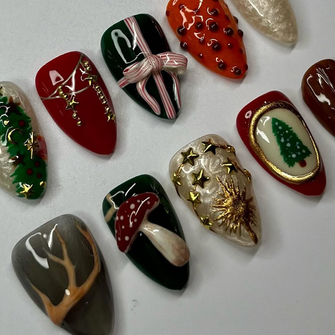 Christmas Holiday Press-On Nails with Trees, Gifts, Stars, and Festive Charm