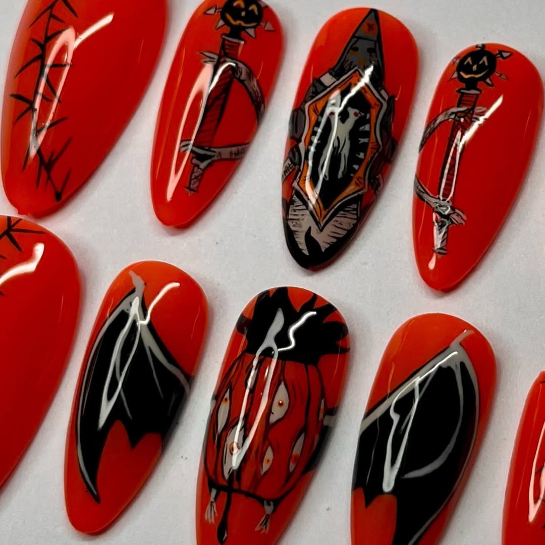 Bloody Red Halloween Press-On Nails with Bats, Pumpkins, and Stitches