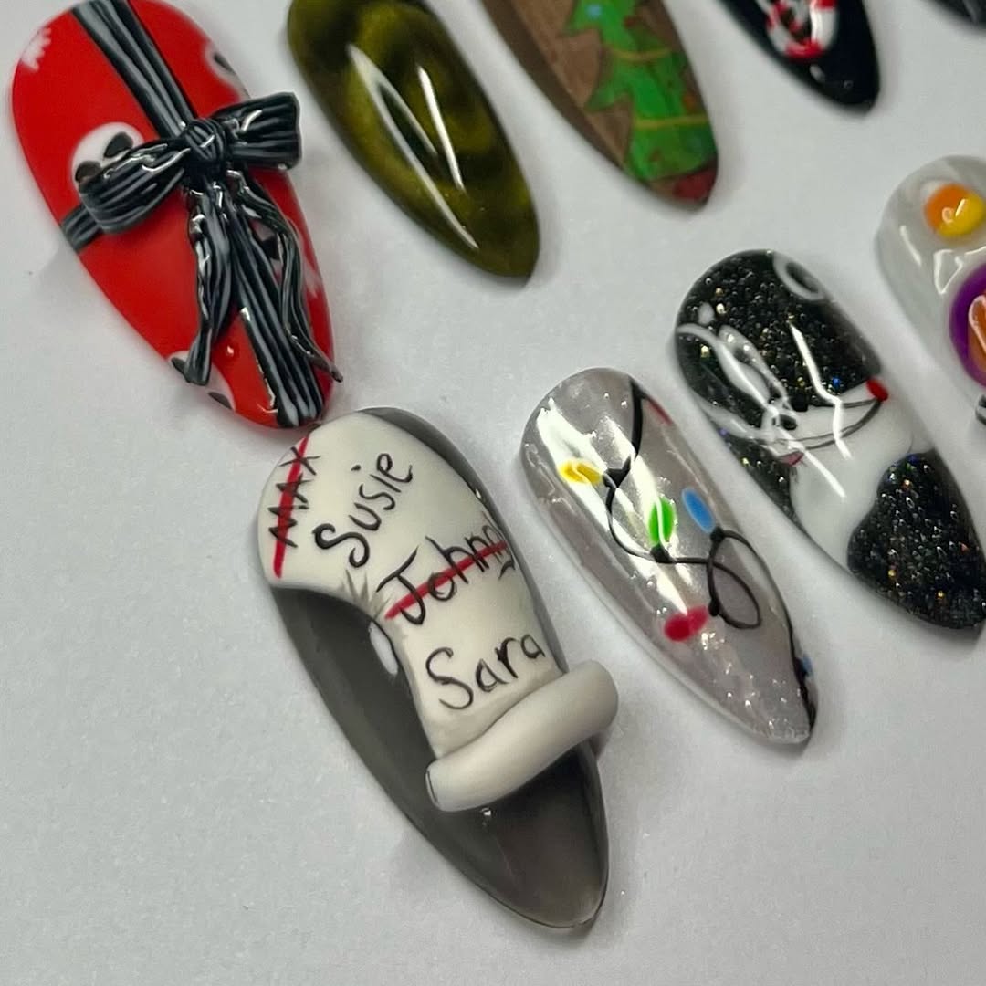 Nightmare Before Christmas Press-On Nails with Skulls, Lights, and Candy