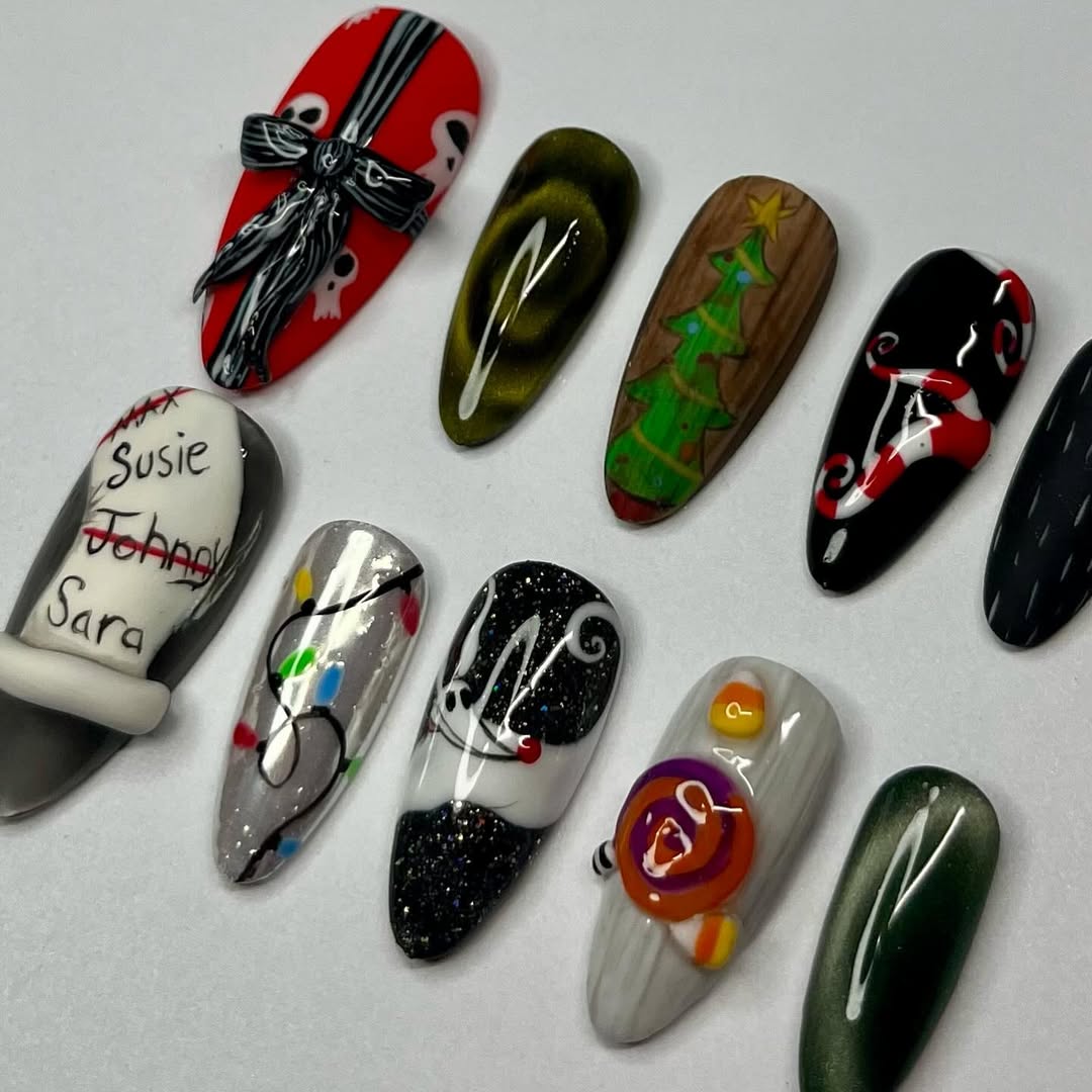 Nightmare Before Christmas Press-On Nails with Skulls, Lights, and Candy