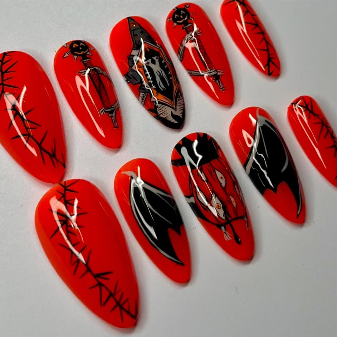 Bloody Red Halloween Press-On Nails with Bats, Pumpkins, and Stitches