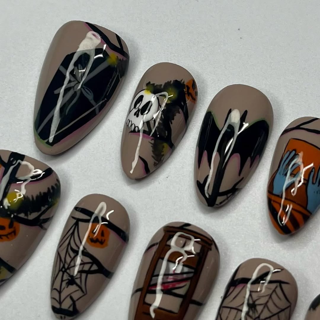 Creepy Halloween Press-On Nails with Skulls, Guillotine, Bats, and Webs