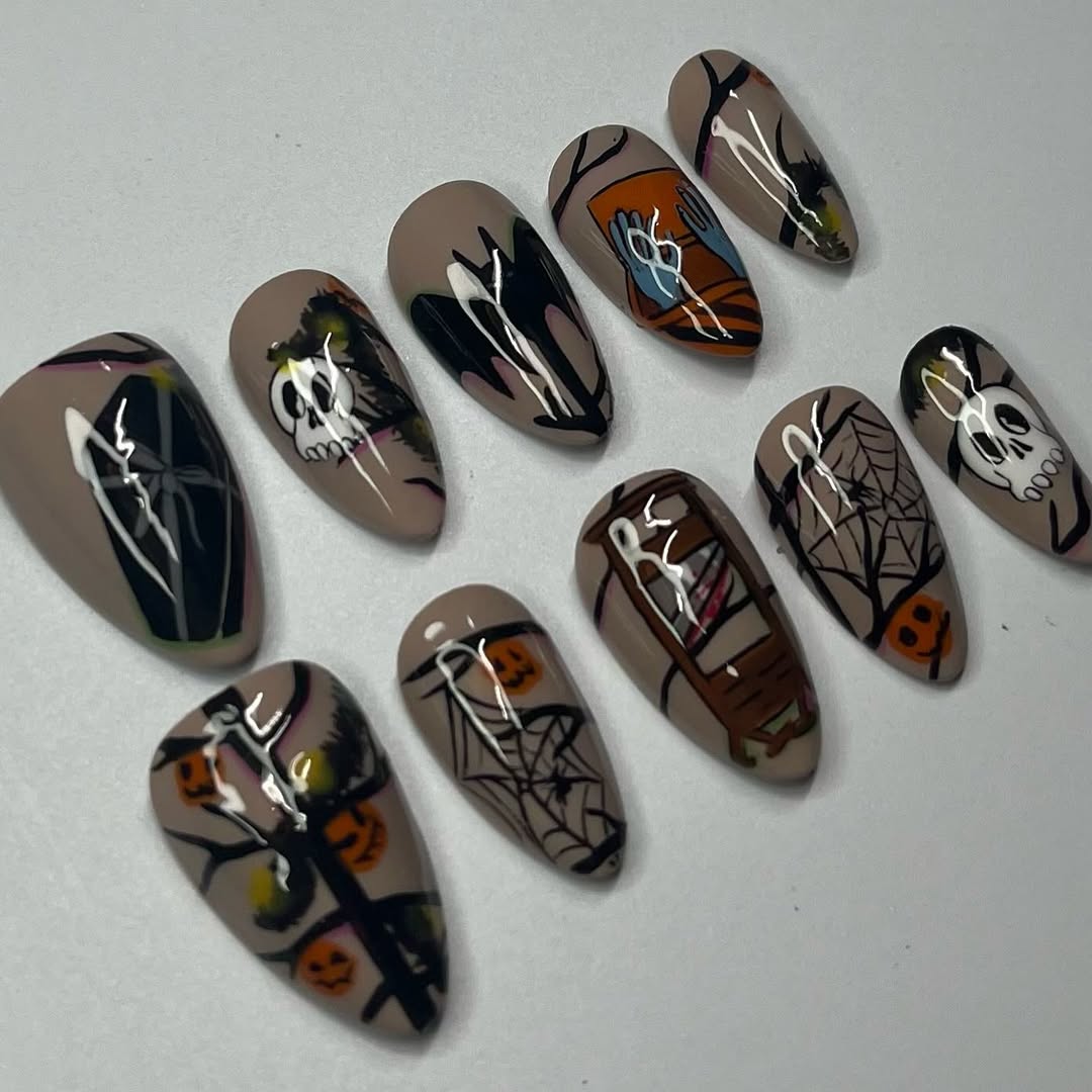 Creepy Halloween Press-On Nails with Skulls, Guillotine, Bats, and Webs