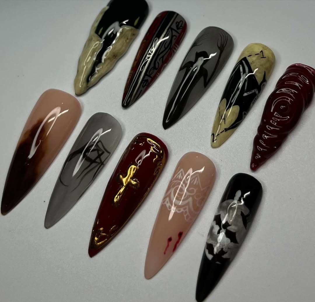 Gothic Vampire 3D Halloween Press-On Nails with Cross and Bats