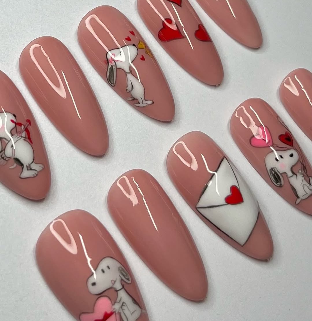 Handmade Valentine Pink Nails with Snoopy, Hearts and Love Letters