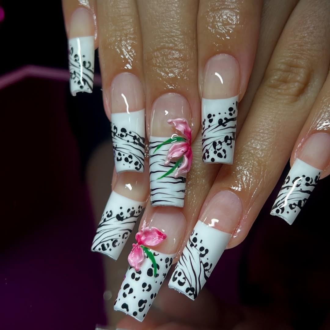 Luxury White and Black 3D Press-On Nails with Floral and Animal Print Accents