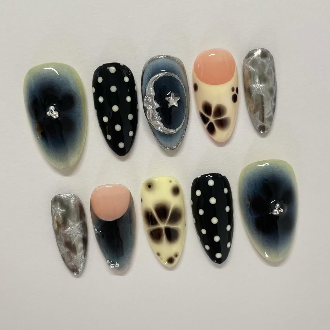 Elegant Moon and Floral Press-On Nails with Polka Dot Accents