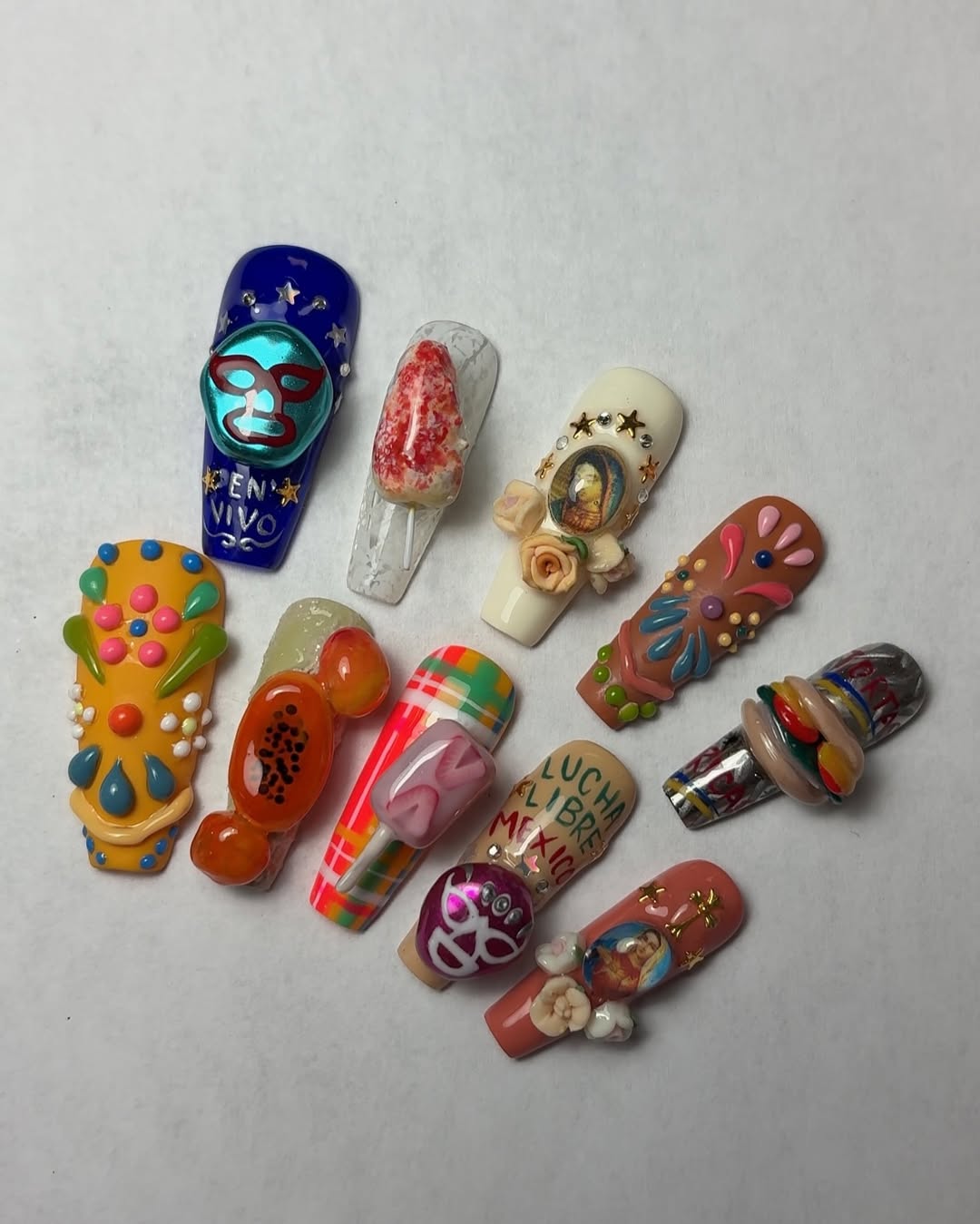 Mexican Culture 3D Press On Nails with Lucha Libre & Folk Art Accents