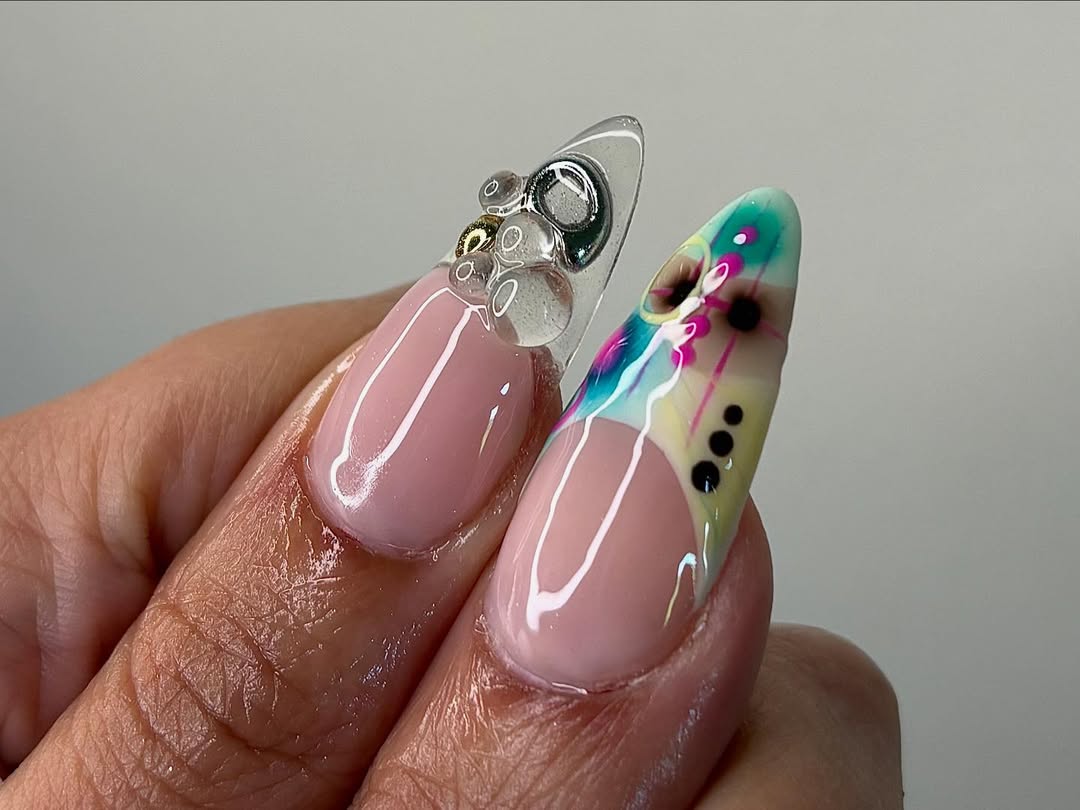 Colorful Abstract Jelly Press On Nails with Gold Tips & 3D Bubbles – Trendy Artistic Design