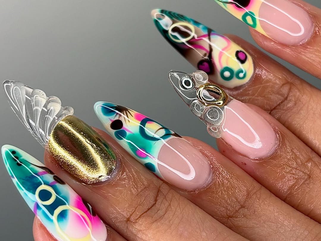 Colorful Abstract Jelly Press On Nails with Gold Tips & 3D Bubbles – Trendy Artistic Design