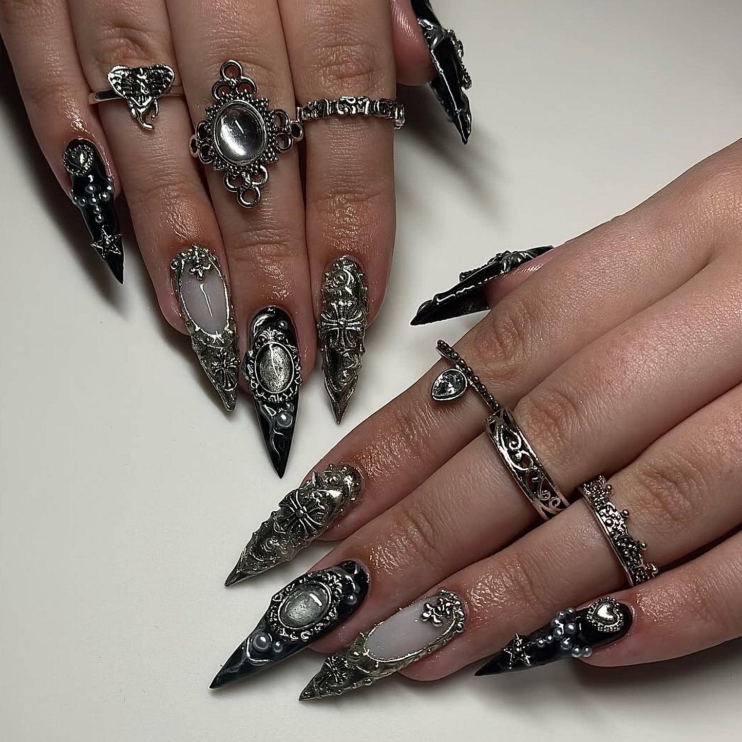 Gothic Baroque Metal Press On Nails - Gothic Black Silver 3D Press On
