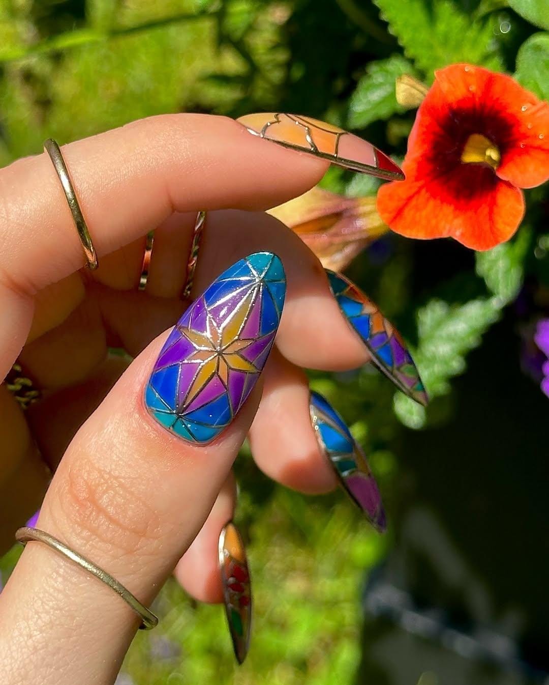 Stained Glass Floral Nail Art Stickers - Vibrant Designs