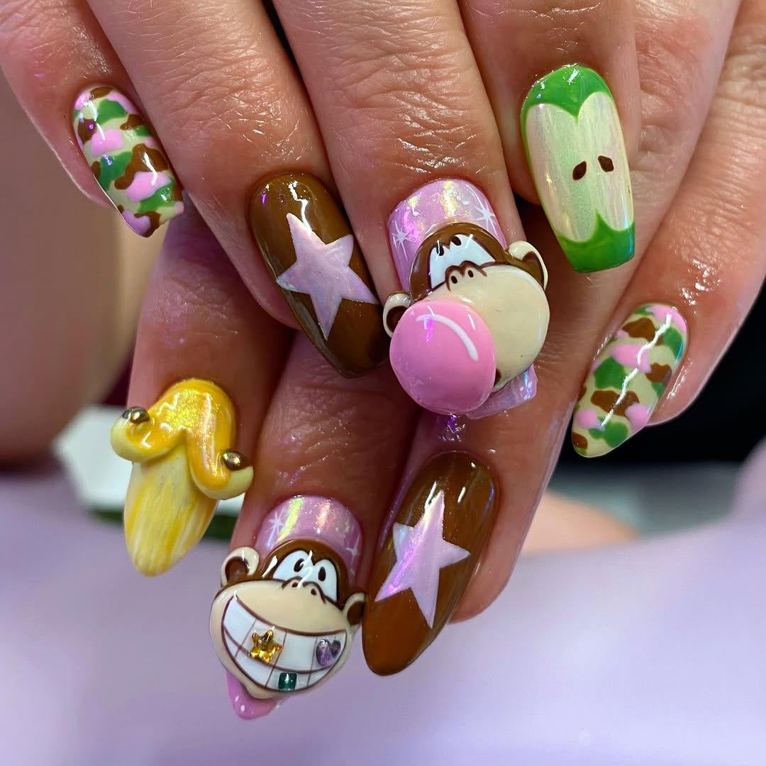 Camo Monkey Fun Press On Nails - Funky Camo Monkey Press On Nails