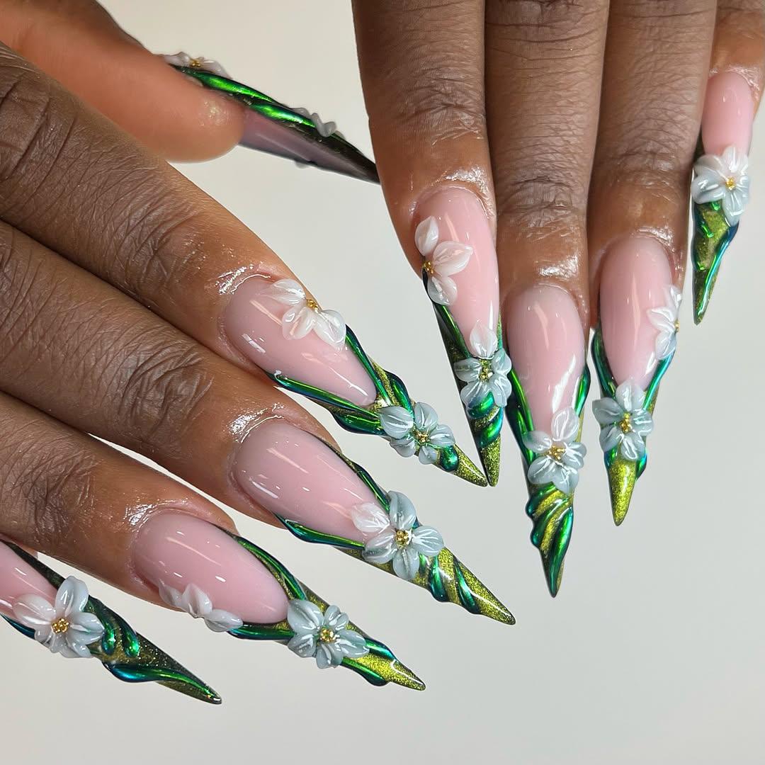 Emerald Floral Press On Nails - Floral Green Chrome Stiletto Press On
