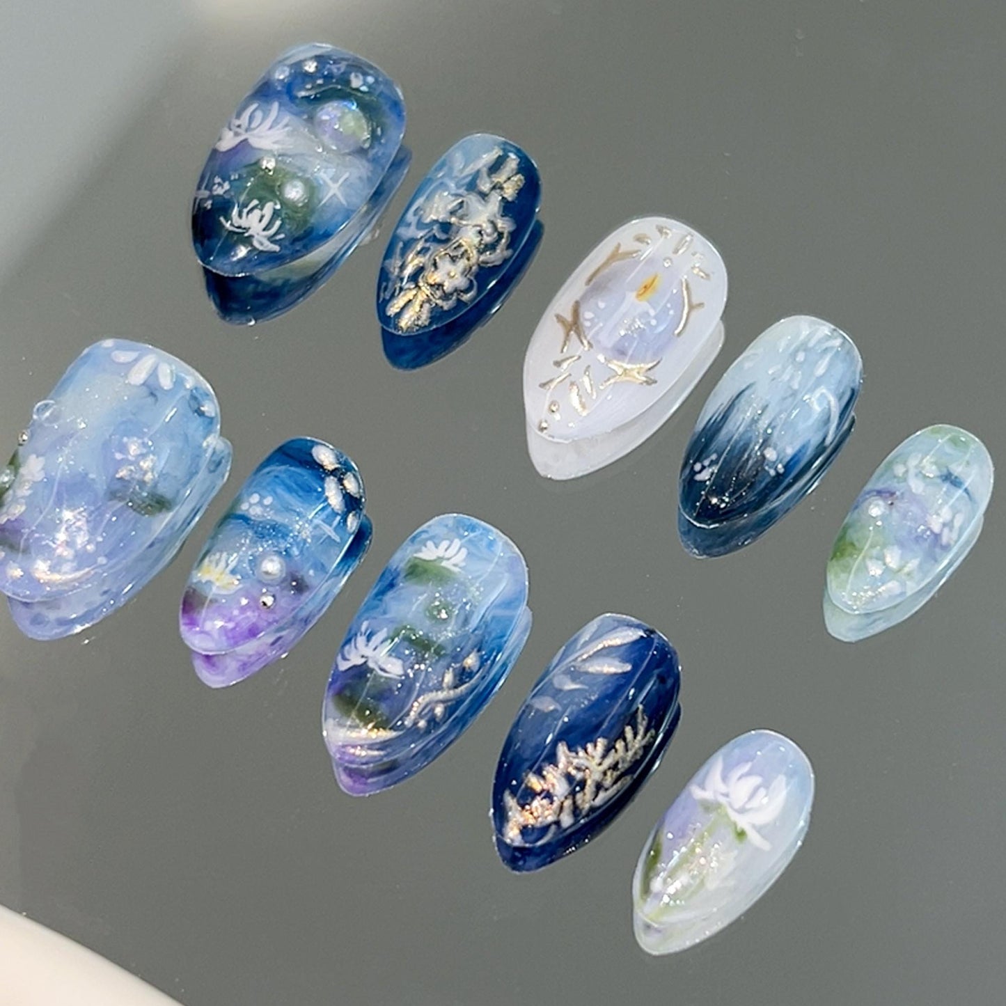 Ocean-Inspired Nail Art Set - Blue Floral Press-On Nails