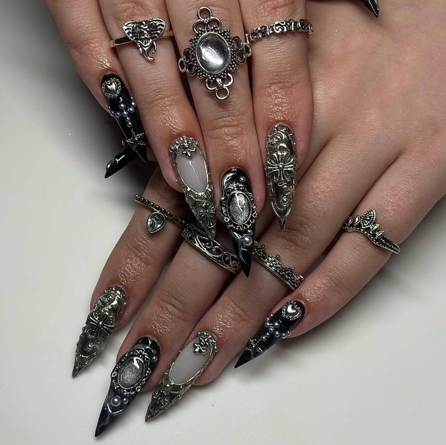 Gothic Baroque Metal Press On Nails - Gothic Black Silver 3D Press On