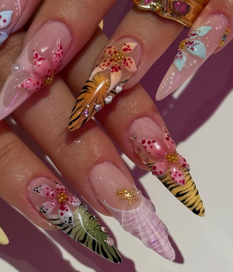 Tropical Jungle Floral 3D Press On Nails