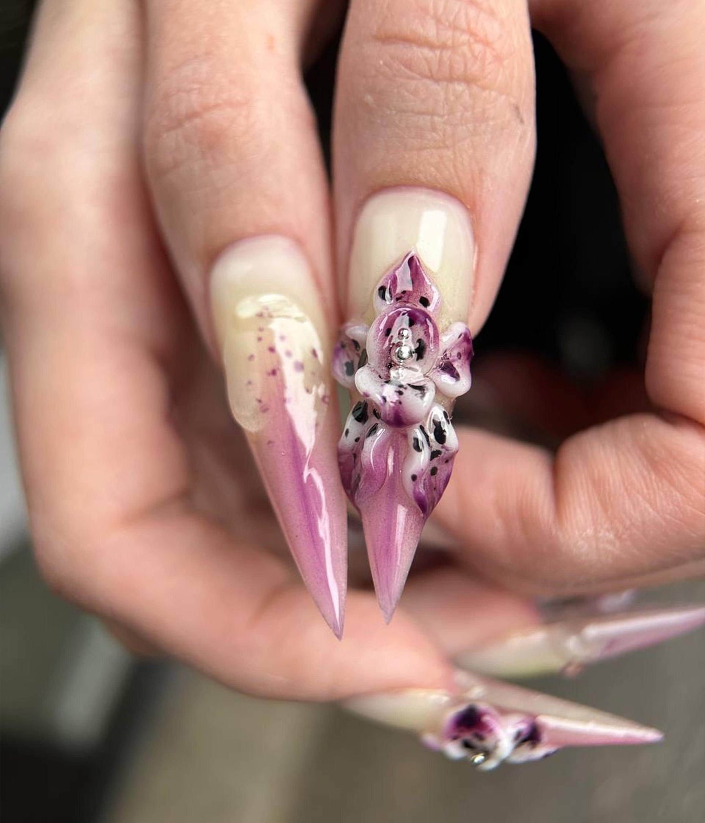 Wild Orchid Stiletto Press On Nails 3D Floral Gradient Pink Design