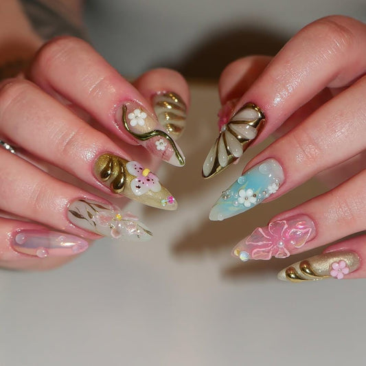 3D Floral Fantasy Press-On Nails with Enchanted Charm.