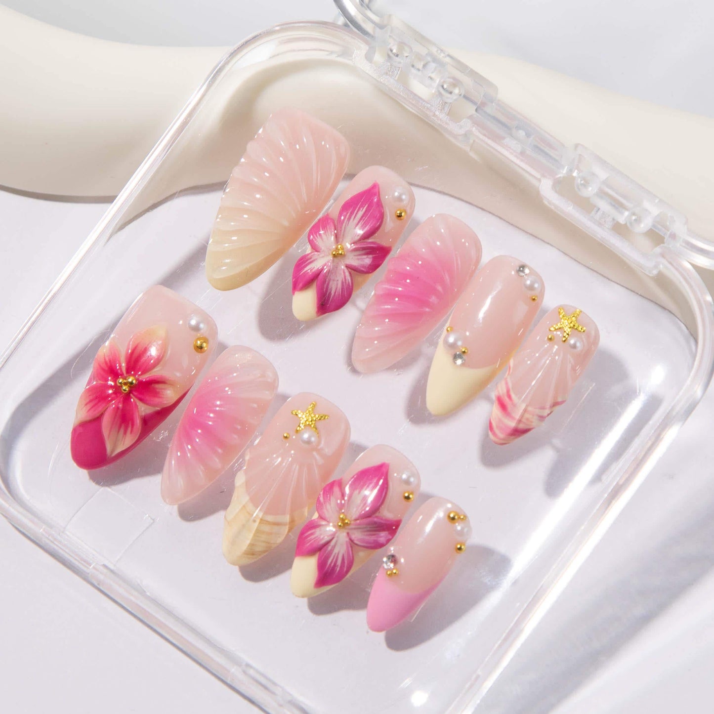 Tropical Floral Press On Nails – 3D Hibiscus & Seashell Design
