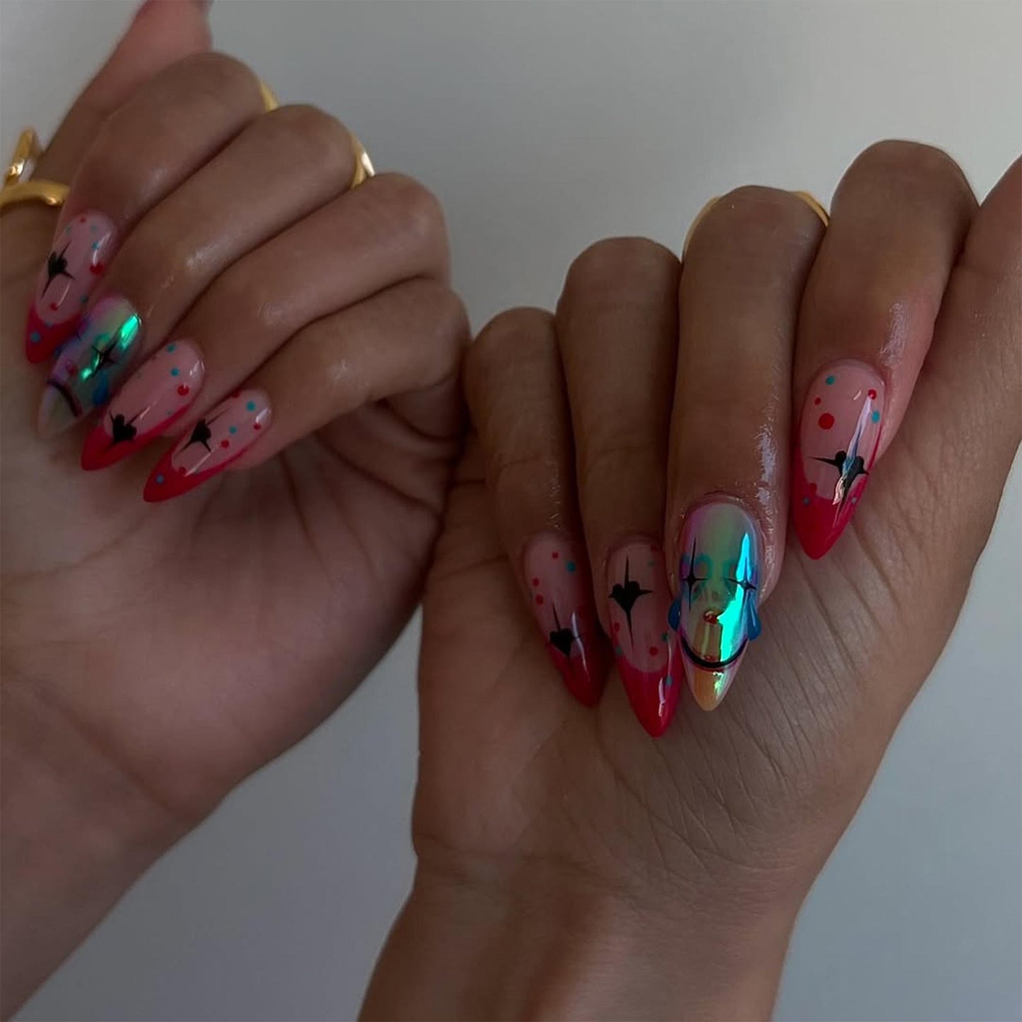 Cosmic Pink Press-On Nails with Holographic Planet and Smile Face