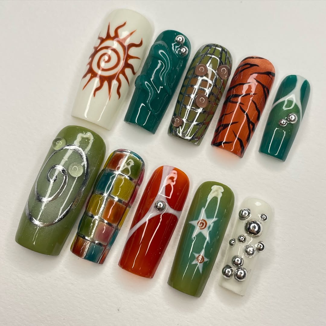 Boho Tribal Earthy Press On Nails with Retro Spirals, Plaid & Chrome Bead Accents