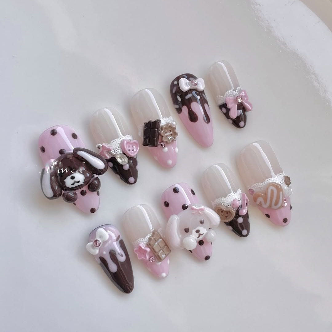 Cute Pink and Brown 3D Press-On Nails with Puppy and Sweet Charms