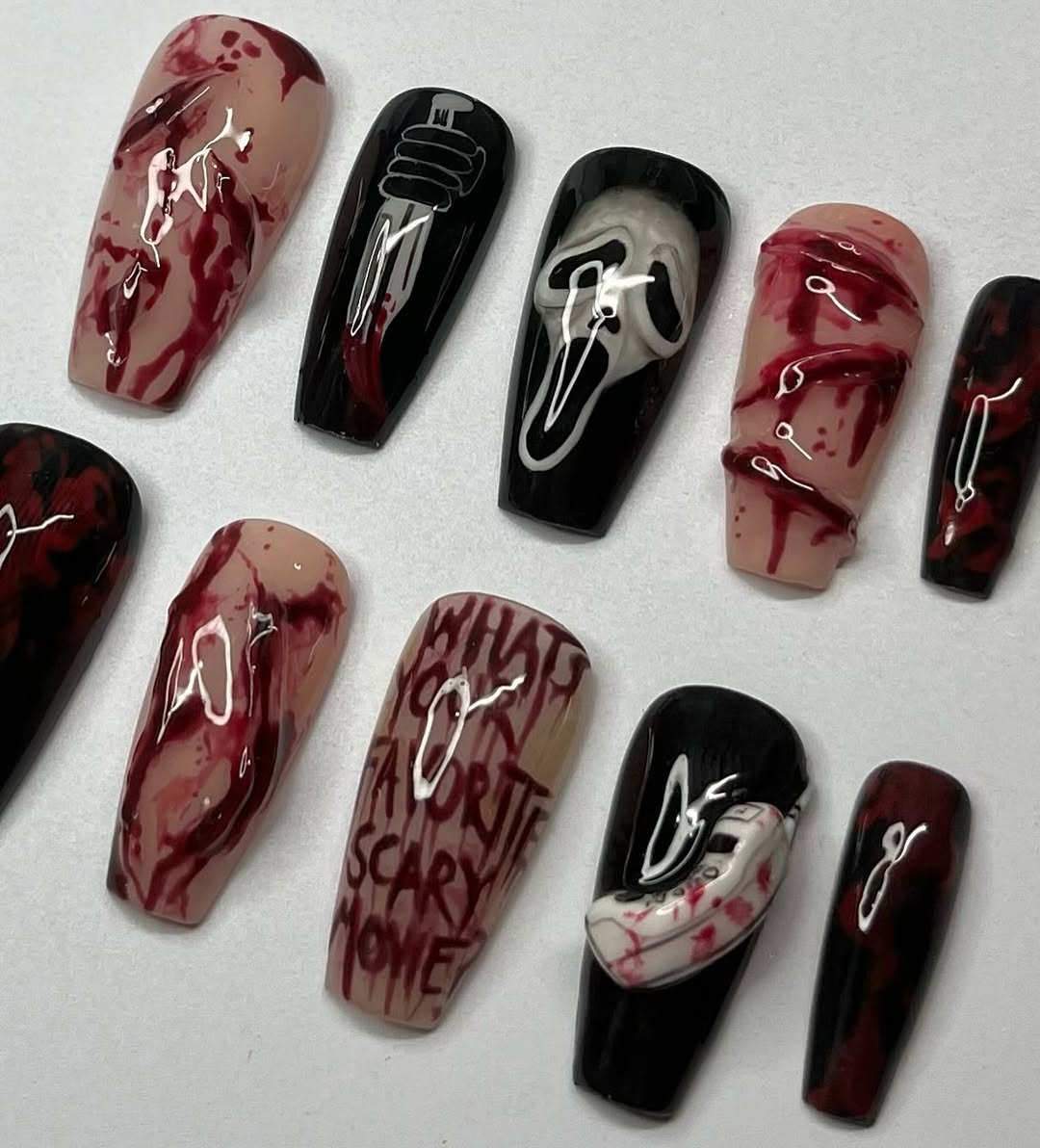 Ghostface Horror Press-On Nails with Blood Splatter and Movie Quote