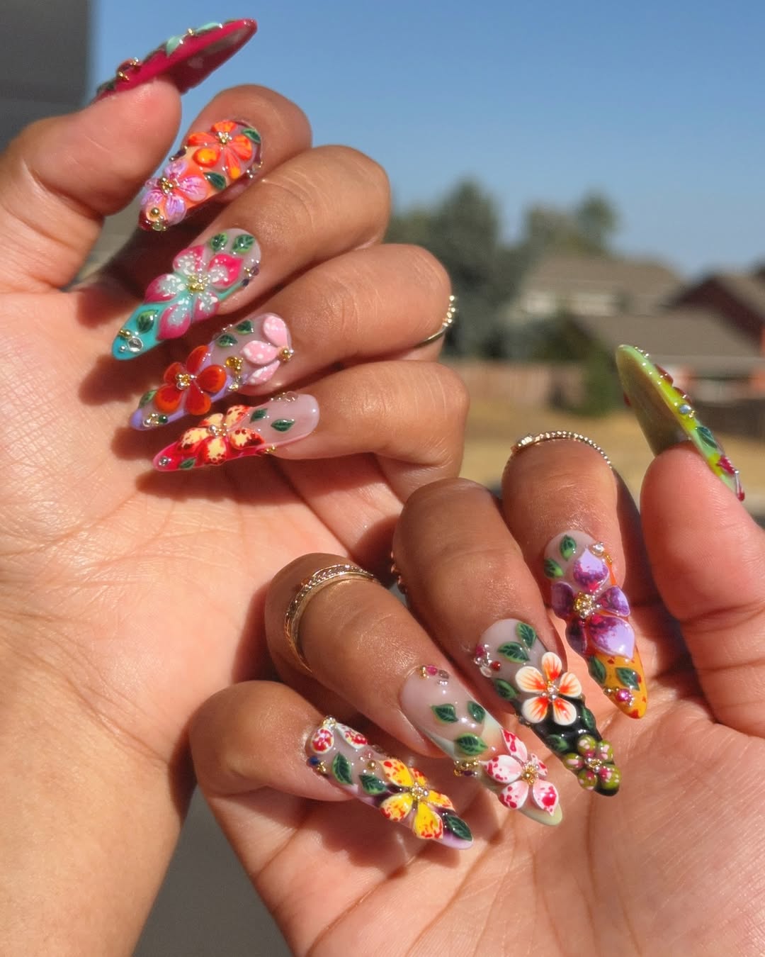 Tropical 3D Flower Press On Nails Rainbow Garden Set