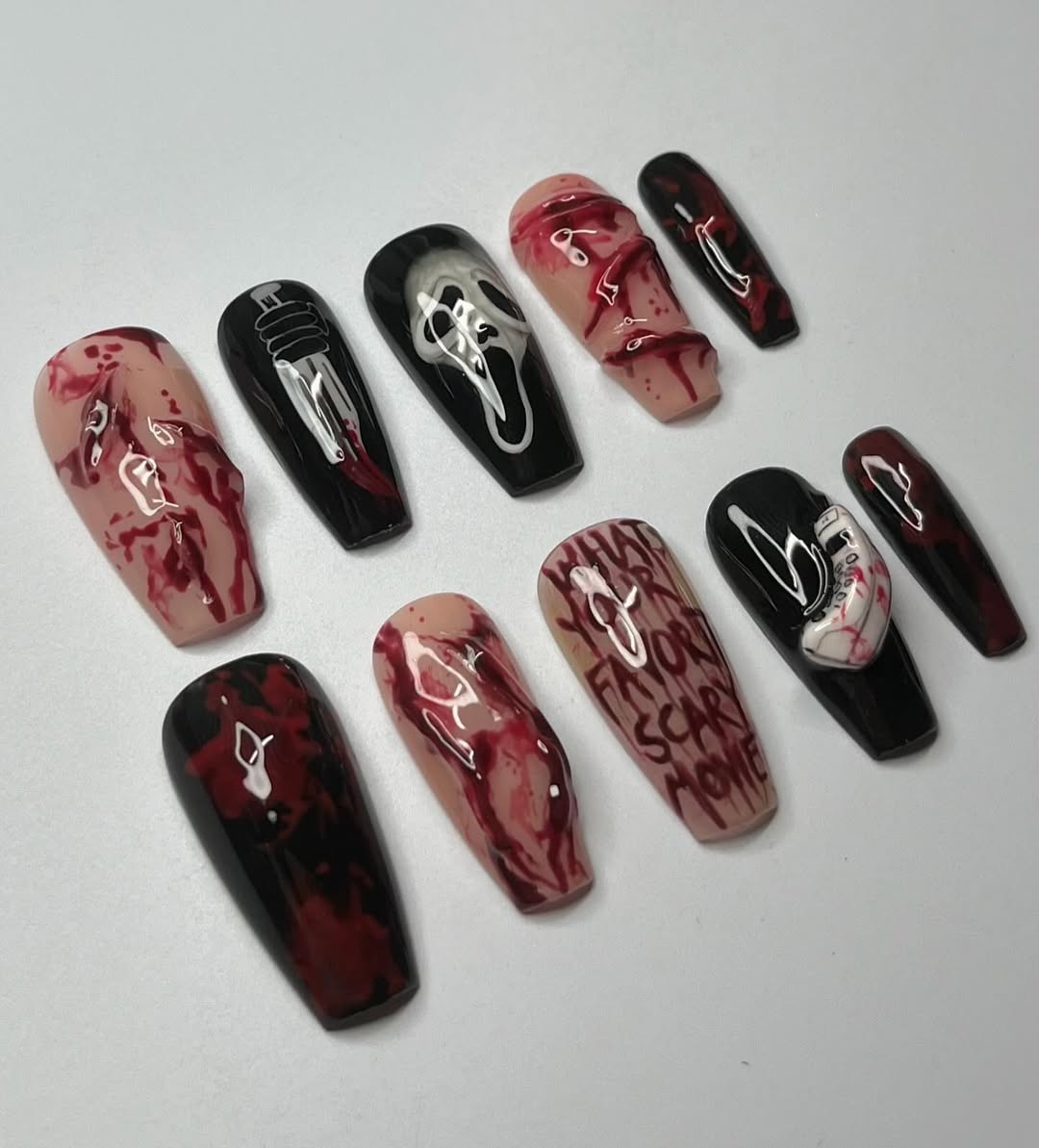 Ghostface Horror Press-On Nails with Blood Splatter and Movie Quote