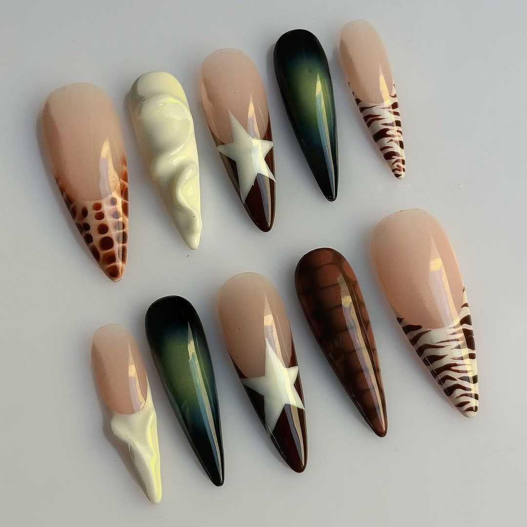 Wild Star and Animal Print Press On Nails in Neutral Tones