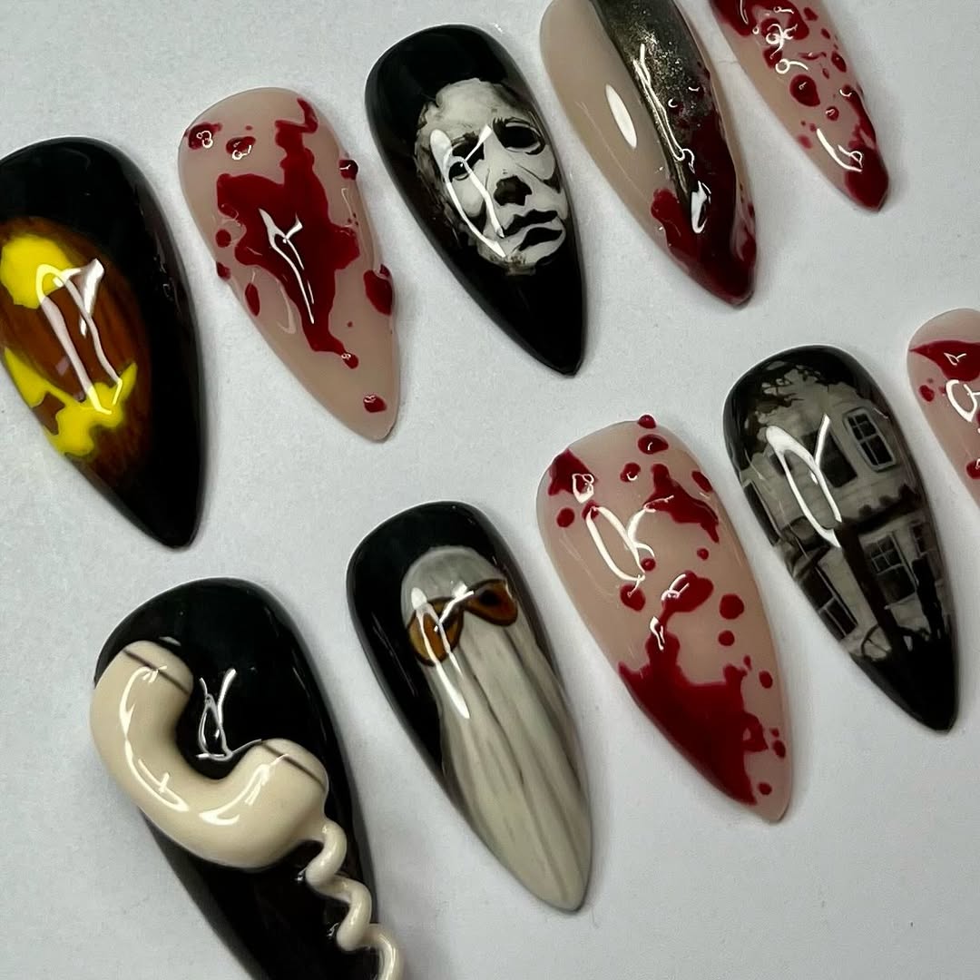 Michael Myers Halloween Press-On Nails with Blood Splatter and 3D Details