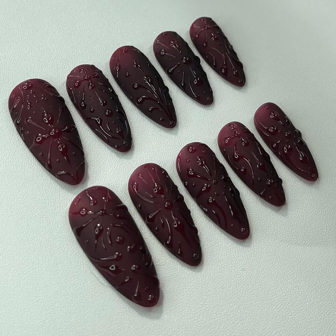 Handmade Burgundy Embossed 3D Floral Gothic Elegant Nails
