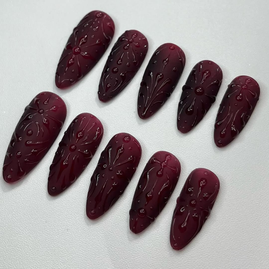 Handmade Burgundy Embossed 3D Floral Gothic Elegant Nails