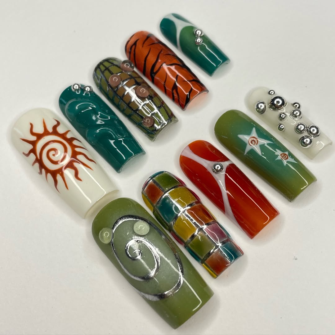 Boho Tribal Earthy Press On Nails with Retro Spirals, Plaid & Chrome Bead Accents