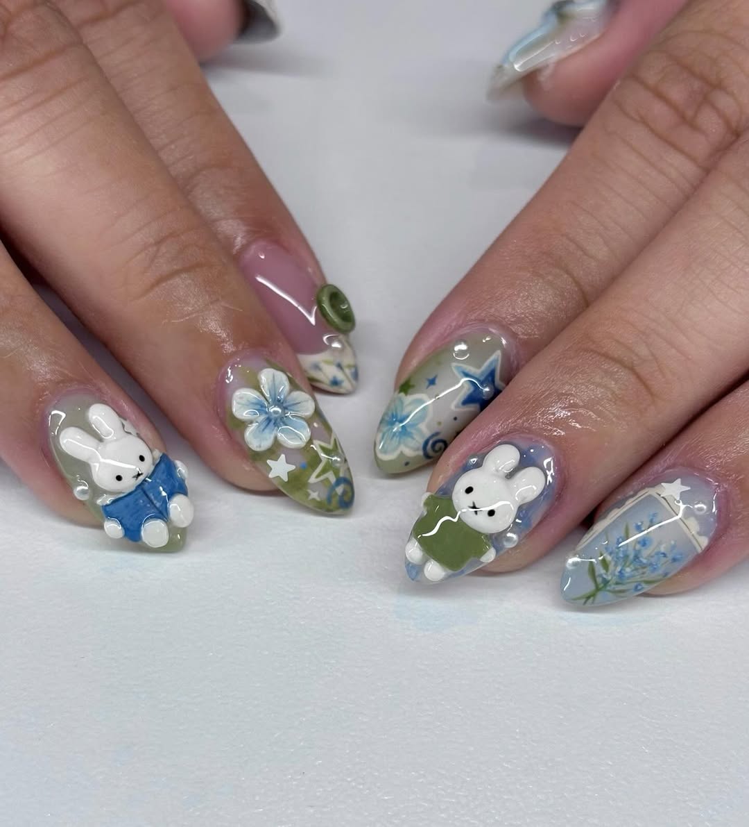 Blue Bunny Floral Press On Nails Pastel Cottagecore Set