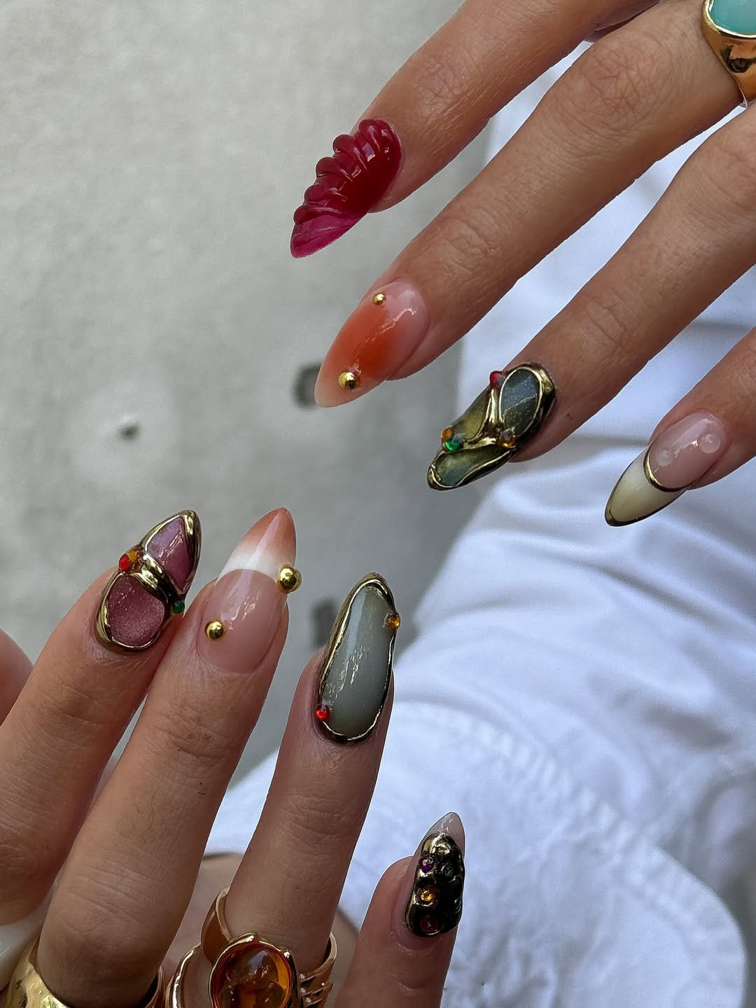Boho Chrome Accent Press On Nails with Sculpted Details & Nature-Inspired Design