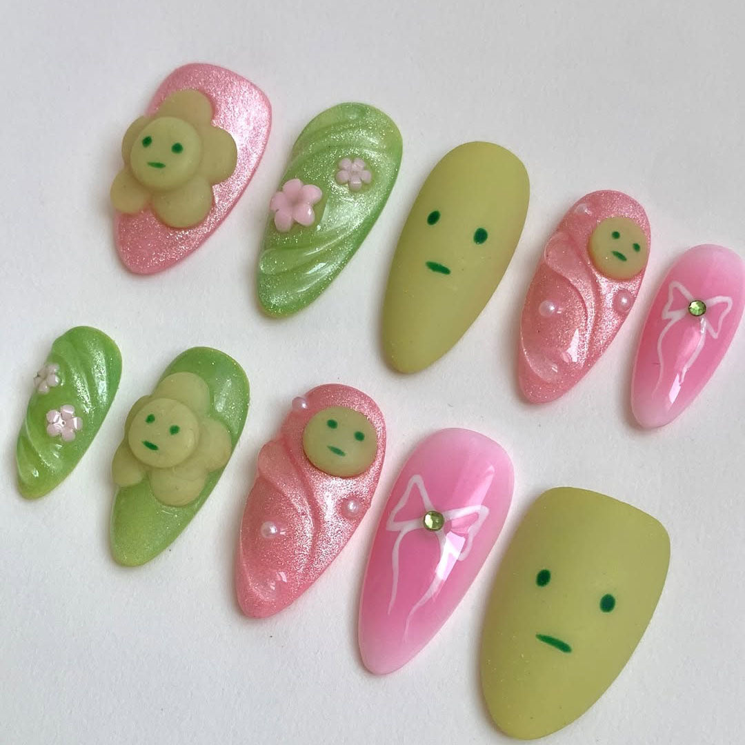 Pastel Green Pink Press On Nails with Cute Face Charms