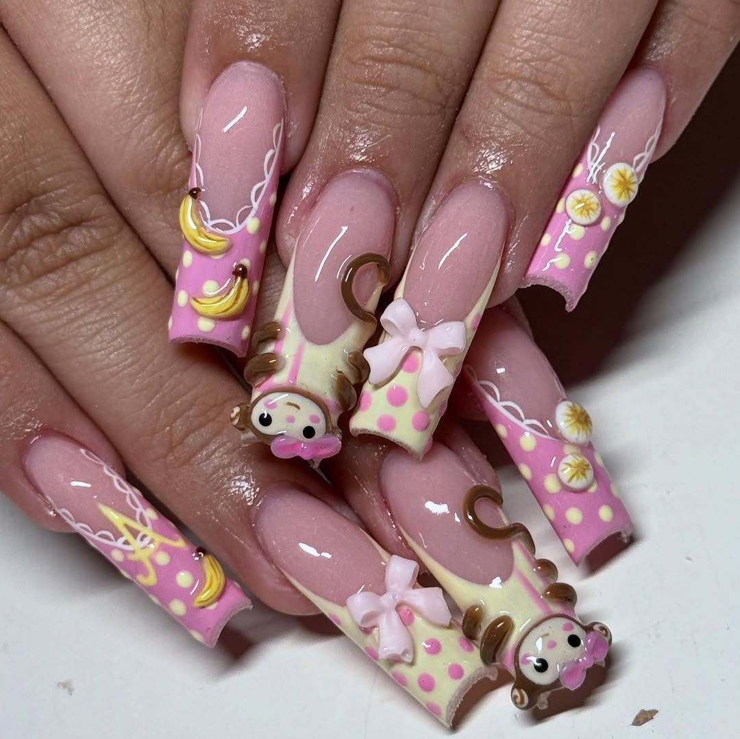Cute Monkey Banana Press On Nails Pink Bow Set