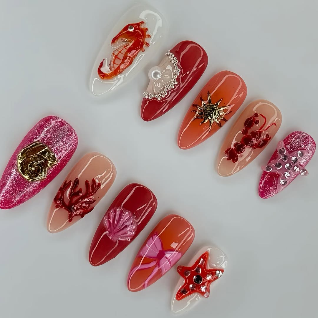 Vibrant Coral Ocean Stiletto Press On Nails with Glam