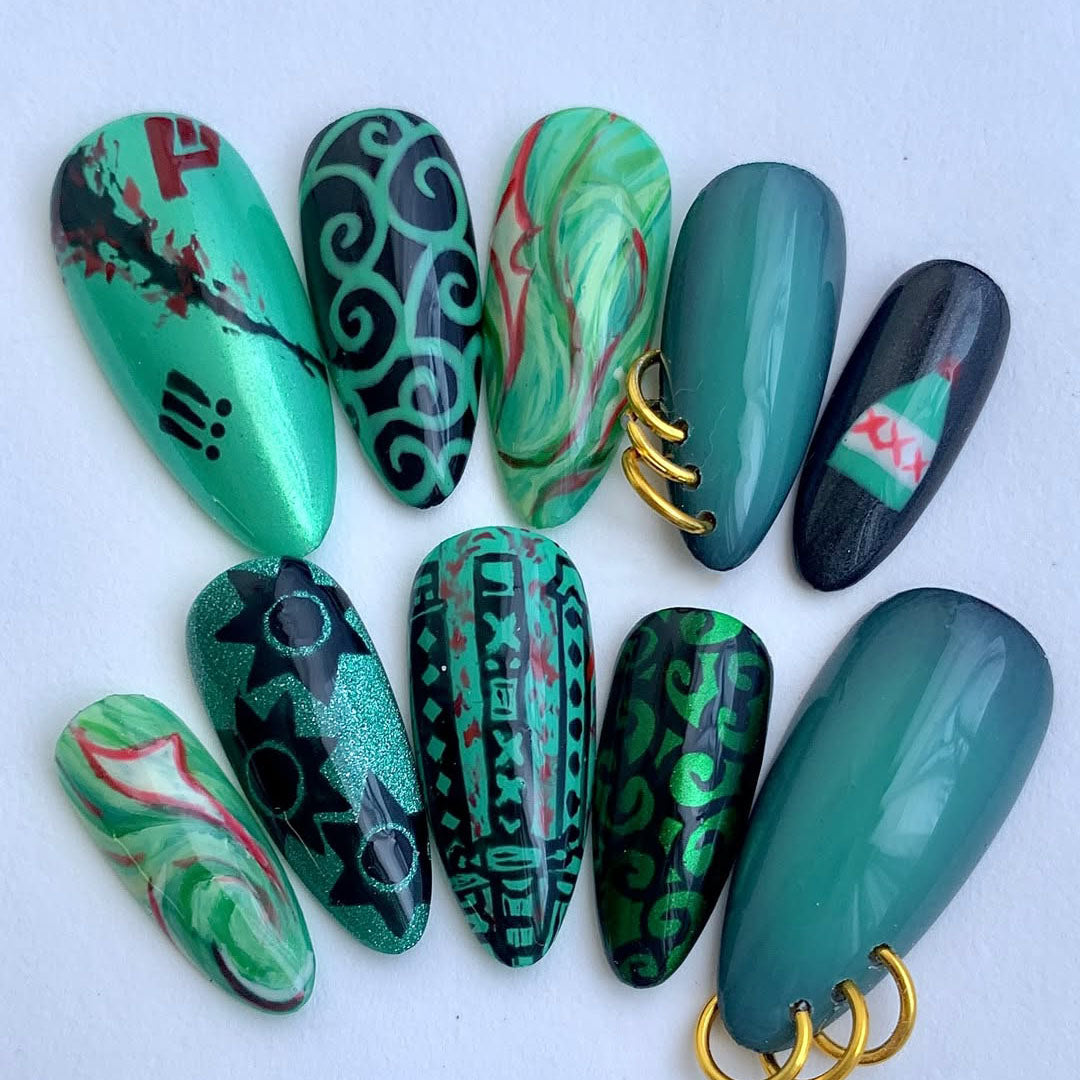 Tribal Green Chrome Press On Nails with Gold Ring Accents