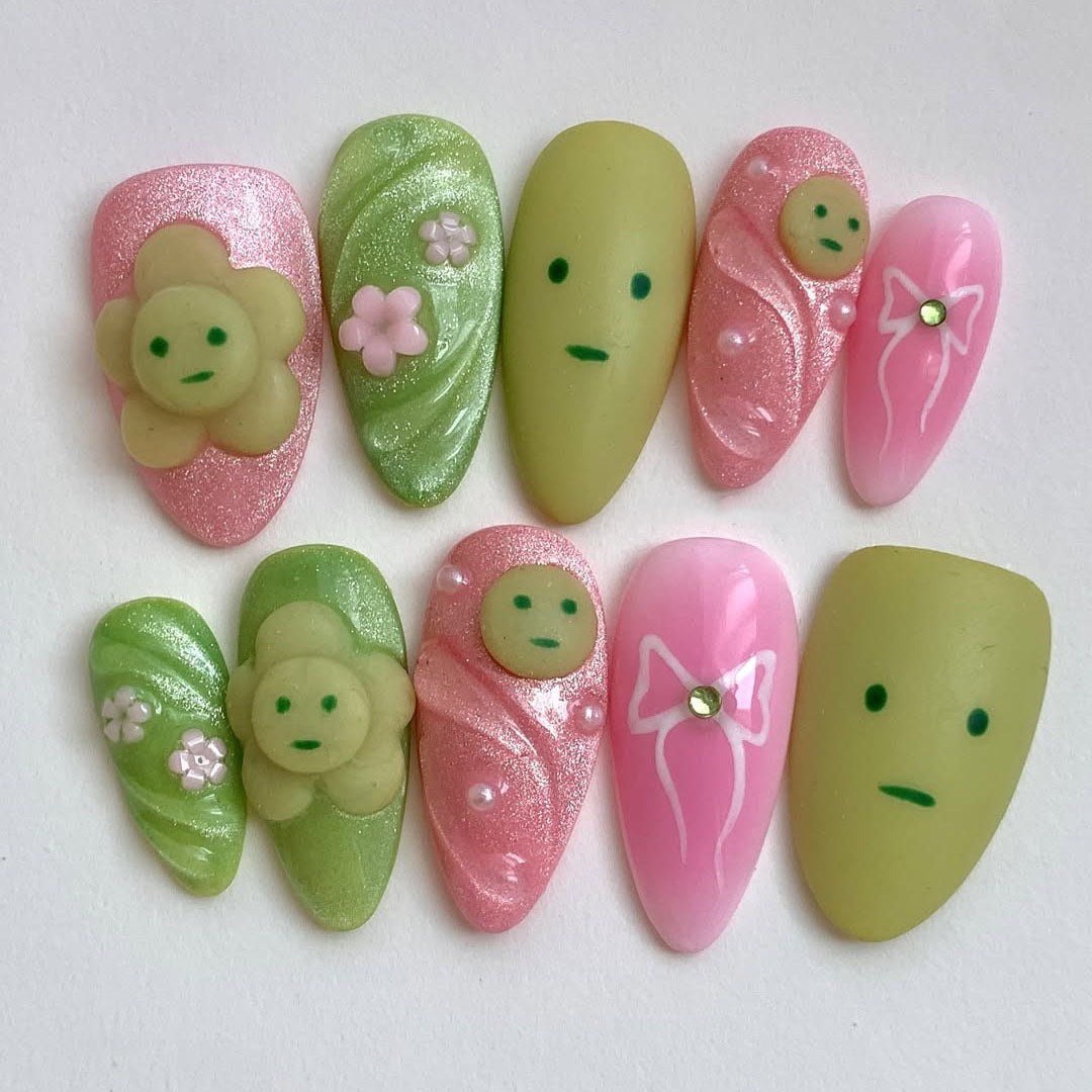 Pastel Green Pink Press On Nails with Cute Face Charms