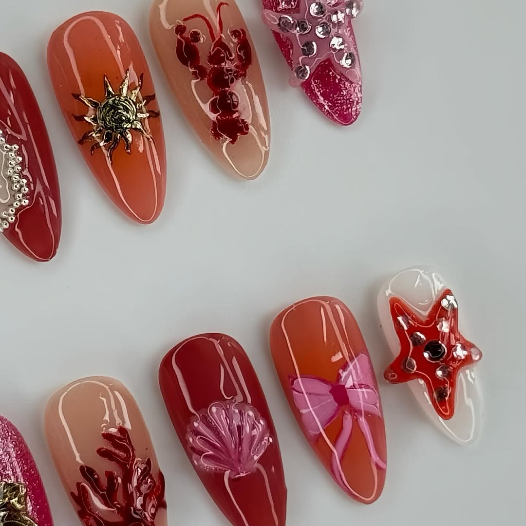 Vibrant Coral Ocean Stiletto Press On Nails with Glam