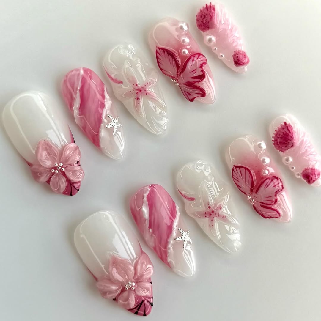 Elegant Pink Floral Stiletto Press On Nails with Charm