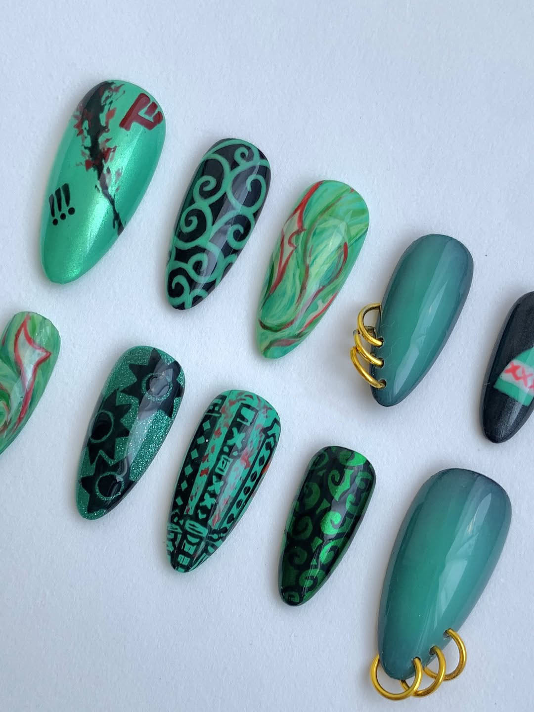 Tribal Green Chrome Press On Nails with Gold Ring Accents